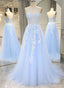 Light Blue Tulle A-Line Prom Dresseses With Lace Light Blue Prom Dresses