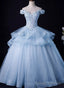 Light Blue Tulle Ball Gowns Off Shoulder Sweet 16 Dress Blue Formal Dress with Lace prom dresses shops