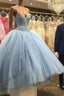 Light Blue Tulle Ball Gowns Quinceanera Dresses With Beaded