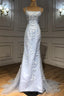 Light Blue Tulle Lace Appliques Long Mermaid Prom Dresses Open Back Prom Dresses