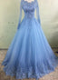 Light Blue Tulle Long Sleeves Ball Gowns Prom Dresses With Lace Blue Prom Dresseses