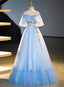 Light Blue Tulle Off Shoulder with Lace Applique Prom Dress, Blue Long Prom Dress