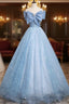 Light Blue Tulle Sequins Long Prom Dress, A-Line Off Shoulder Evening Dress