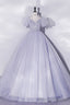 Light Blue Tulle Sequins Prom Dress, Scoop Neck Short Sleeve Puffy Floor Length Prom Dress