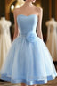 Light Blue Tulle Sweetheart With Bow Cute Prom Dresses Blue Short Homecoming Dresses