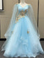Light Blue Tulle with Gold Lace Applique Prom Dress, Light Blue Prom Dress