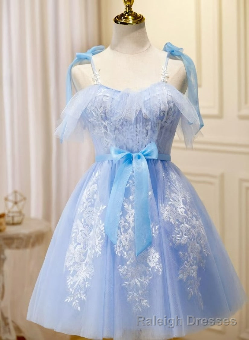 Light Blue Tulle with Lace Knee Length Party Dress, Blue Homecoming Dr