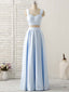 Light Blue Two Pieces Satin Long Prom Dress Simple Prom Dress
