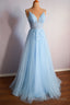 Light Blue V Neck Lace-Up Appliques Tulle Long Prom Dress