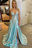 Light Blue V Neck Long Prom Dress with Criss Cross Back