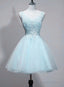 Light Blue V-Neckline Lace Applique Tulle Homecoming Dresses Low Back Short Prom Dresses