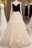 Light Champagne Beaded V-Neckline Party Dress, Cute Straps Long Prom Dress