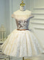 Light Champagne Lace and Satin Off Shoulder Prom Dress Homecoming Dress, Short Prom Dress