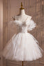 Light Champagne Spaghetti Strap Tulle Short Prom Dresses Beautiful A-Line Prom Dresses