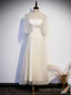 Light Champagne Square Short Sleeve Pearls Prom Dress