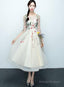 Light Champagne Tea Length Floral Lace Prom Dresses Bridesmaid Dresses Cute Short Prom Dress