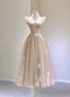 Light Champagne Tea Length Tulle Prom Dress, Champagne Lace Homecoming Dress