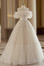 Light Champagne Tulle Lace Floor Length Prom Dresses Beautiful A-Line Prom Dresses