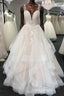 Light champagne tulle lace long prom dress, tulle evening dress