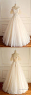 Light Champagne Tulle Lace Short Sleeve Strapless Long Prom Dresses Wedding Dresses