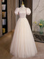 Light Champagne Tulle with Light Pink Satin Prom Dress, A Line Long Formal Dress