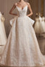 Light Champagne V-Neck Lace Long Prom Dresses A-Line Spaghetti Straps Backless Prom Dresses With Bow