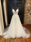 Light champagne v neck tulle lace long prom dress, lace Prom dress