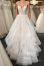 Light champagne v neck tulle lace long prom Dresses wedding Dresses