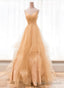 Light Champagne V-neckline Layers Straps Shiny Tulle Party Dress, Champagne Evening Gown Formal Dress