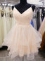 Light Champagne V Neckline Straps Homecoming Dress, Tulle Short prom Dress Graduation Dress