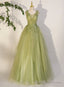 Light Green A Line Tulle with Lace Applique Prom Dress, Green Formal Dress