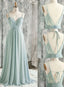Light Green Chiffon with Lace Bridesmaid Dress, A Line Long Prom Prom Dresses