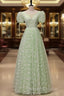 Light Green Floral V-Neckline Short Sleeves Prom Dresses A-Line Green Prom Dresses