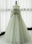 Light Green Off Shoulder Tulle with Lace Long Prom Dress, A Line Green Prom Dress
