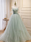 Light Green Tulle Beaded Sweetheart Long Prom Dress, A Line Green Formal Dress