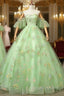 Light Green Tulle Floral Straps Long Formal Dress, Light Green Prom Dress