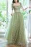 Light Green Tulle Long Formal Gown Party Dress Evening Prom Dresses Short Sleeves Prom Dress