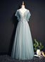 Light Green Tulle Long Prom Dress, Green Lace Low Back Prom Dress