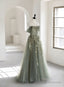 Light Green Tulle Sweetheart A Line Long Prom Dress, Tulle Off Shoulder Prom Dress