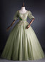 Light Green Tulle With Gold Lace Short Sleeves Prom Dresses Light Green Sweet 16 Gowns