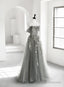 Light Grey A Line Tulle Long Formal Dress, Grey Tulle with Lace Applique Prom Dress