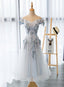 Light Grey Flowers Lace Off Shoulder Short Party Dress, Light Grey Formal Dresses