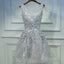 Light Grey Short V-Neckline Lace Applique Prom Dresses Grey Homecoming Dresses