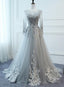 Light Grey Tulle Long Sleeves A Line Prom Dress, Grey Prom Dress Formal Dress