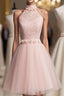 Light Pink Halter Tulle And Lace Lovely Knee Length Formal Dress, Cute Party Dress, Pink Prom Dresses