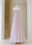 Light Pink Round Neckline Lace Long Prom Dress, A Line Pink Floor Length Prom Dress