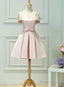 Light Pink Satin Knee Length Off Shoulder Party Dress, Short Pink Homecoming Dress