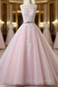 Light Pink Scoop Neck Lace Applique Formal Prom Dress, Beaded Wedding Dress