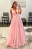Light Pink V Neck Backless Tulle Long Prom Dress