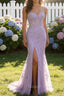 Light Purple Corset Sweetheart Long Lace Mermaid Prom Dress with Slit